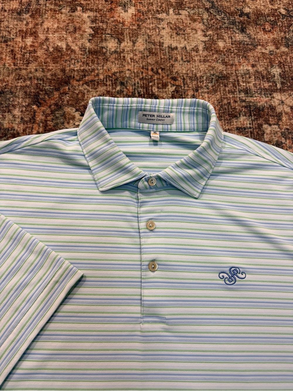 Peter Millar Men’s Light Blue & Green Striped Polo Shirt crown logo on back XL